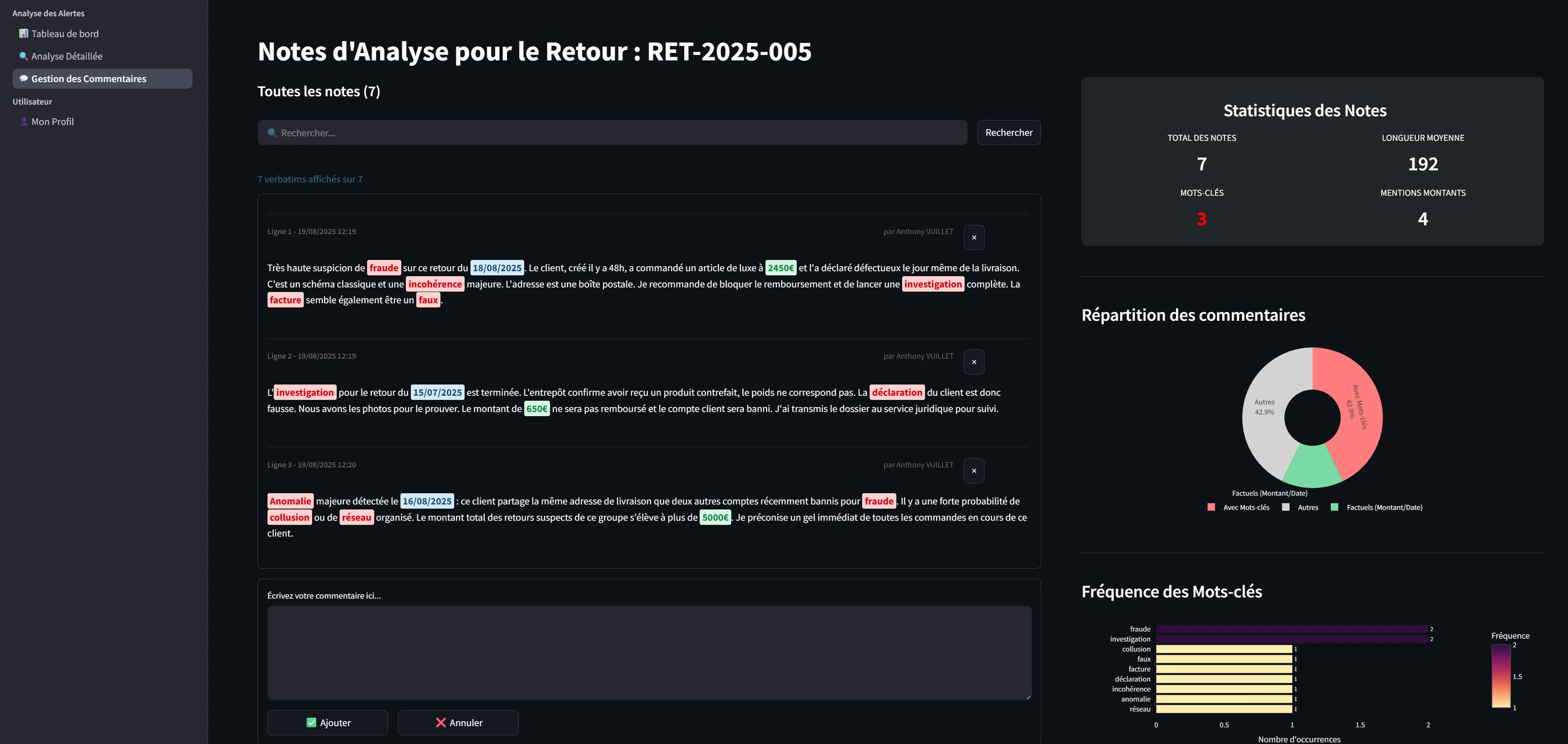 Interface de la page Commentaire