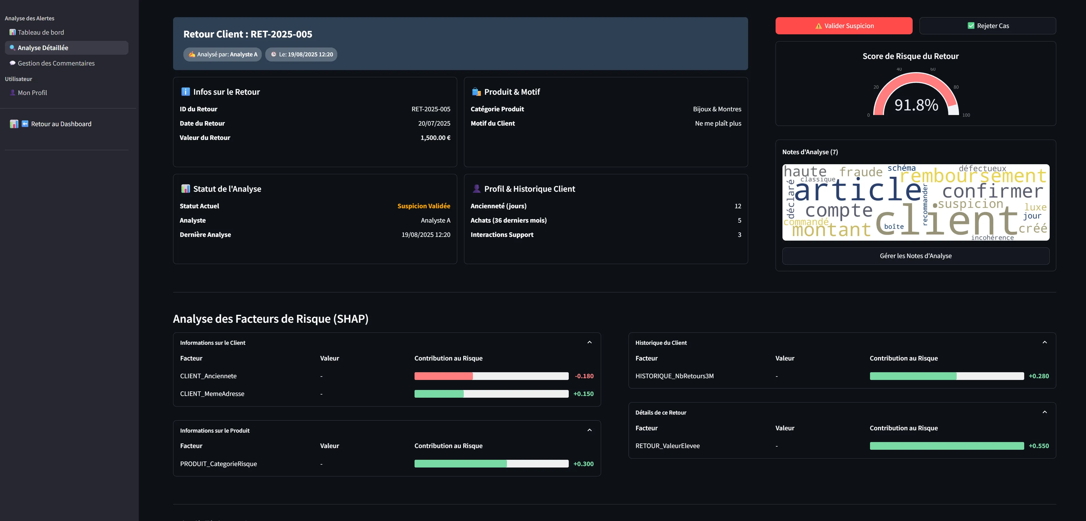 Interface de la page de détail de l'application Streamlit